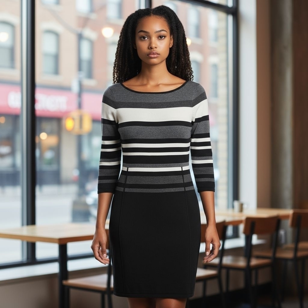 Ralph Lauren Black and Gray Striped Long Sleeve Dress Size Small